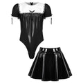 Men Maid Uniform Sissy Set Wetlook Patent Leather Bodysuit Leotard with Flared Skirt Crossdresser