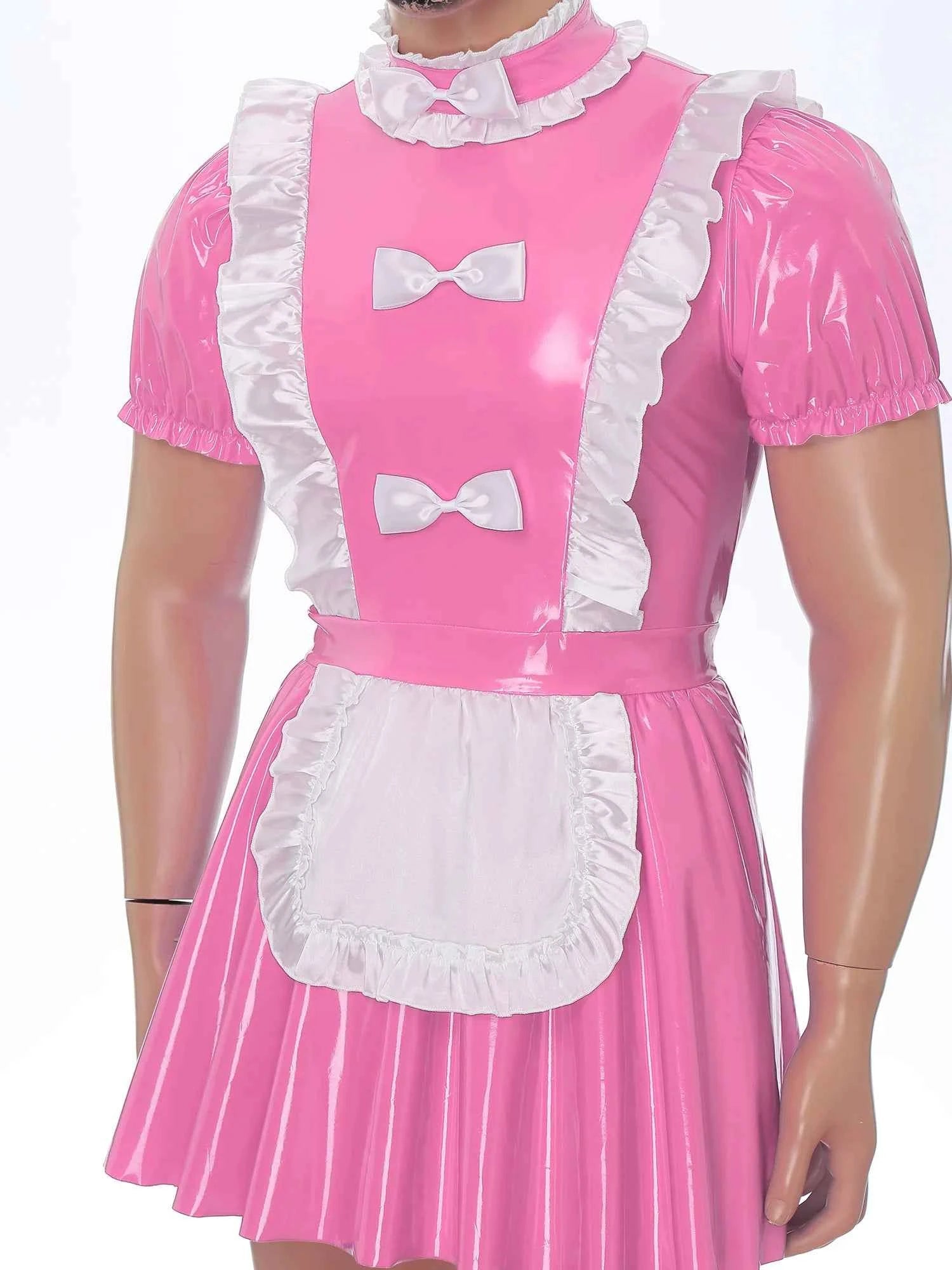 Mens Sexy Sissy Maid Wetlook Latex Ruffles Short Sleeve A Line Dress