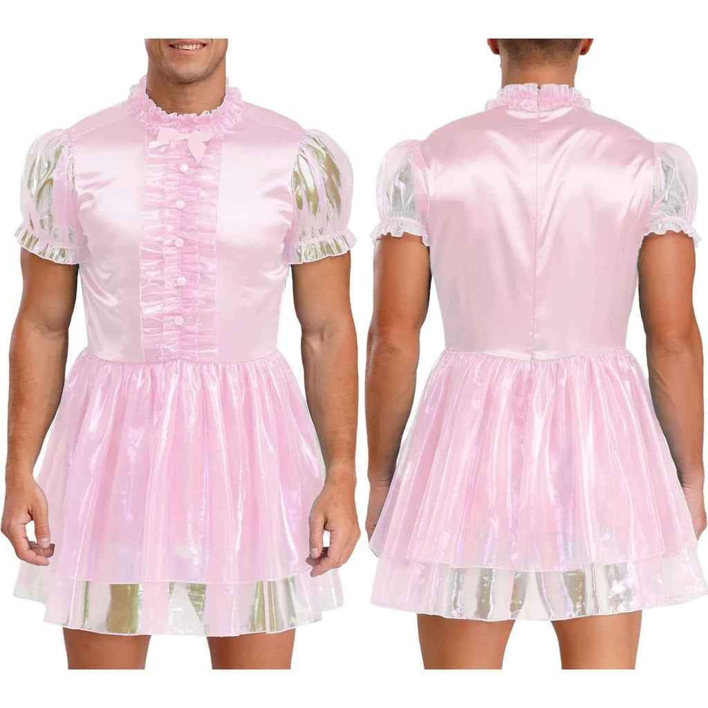 Mens Sissy Maid Ruffled Puff Sleeve Bow Sparkly Puffy Dress