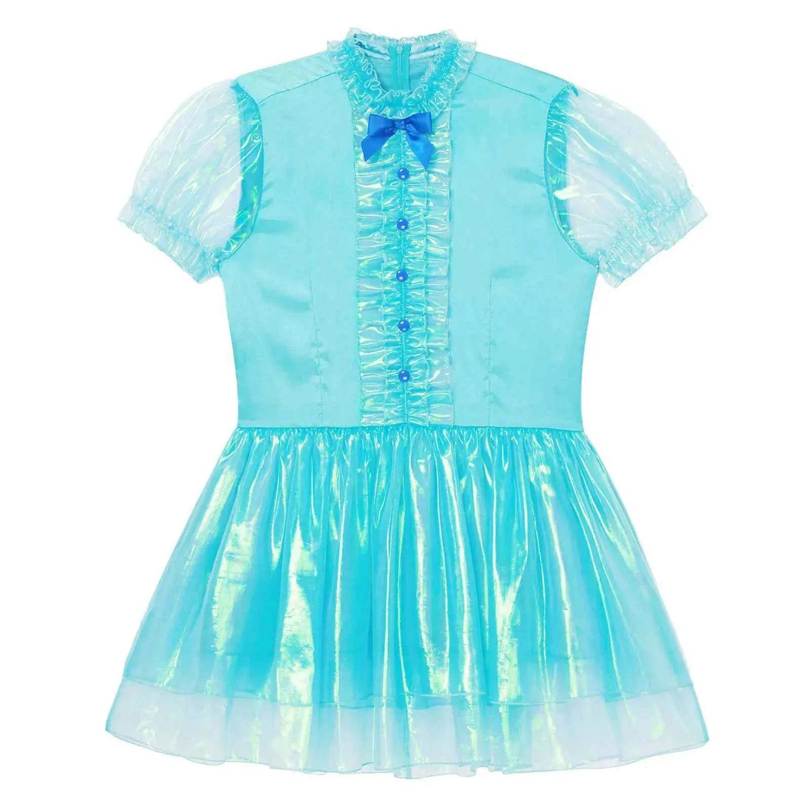 Mens Sissy Maid Ruffled Puff Sleeve Bow Sparkly Puffy Dress