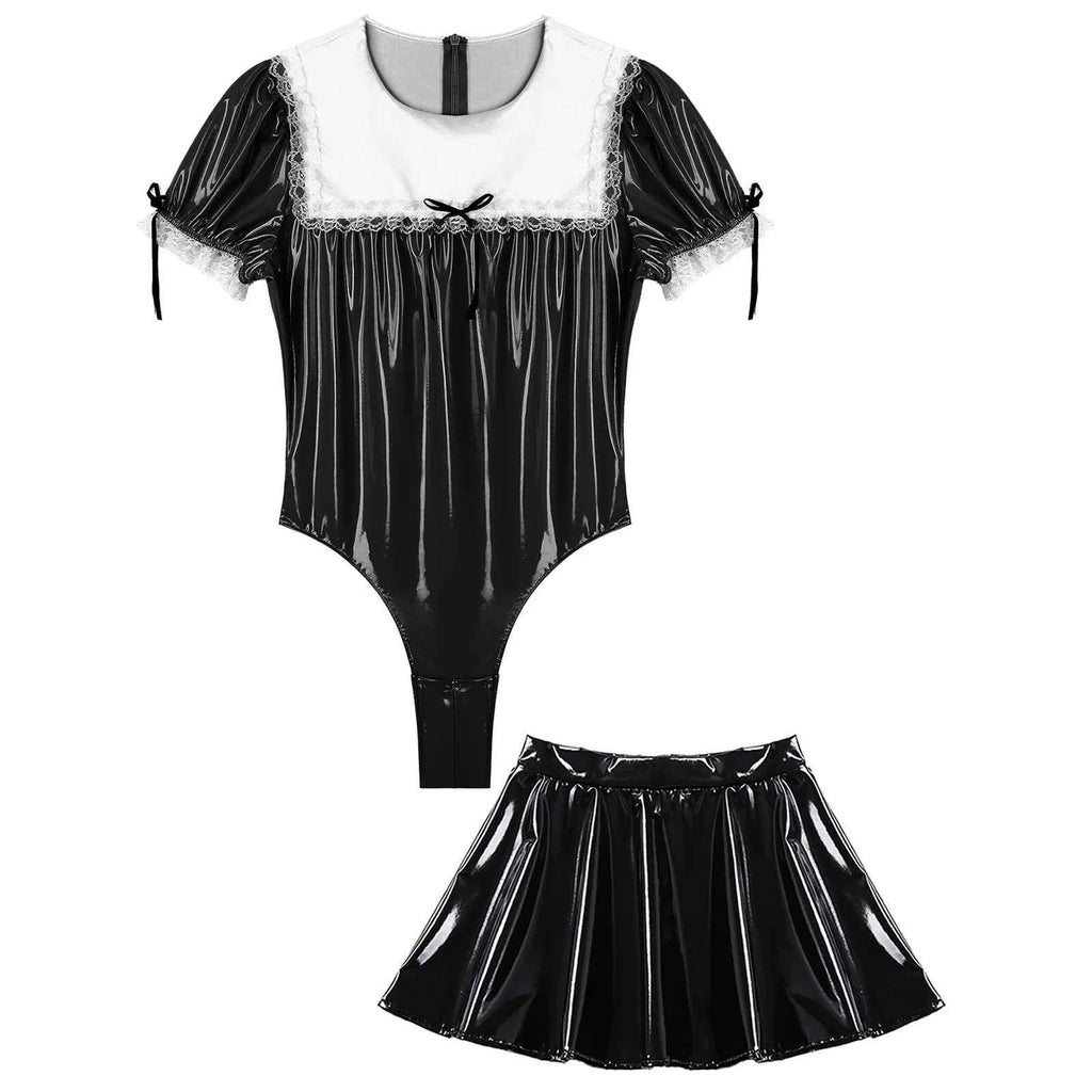 Men Maid Uniform Sissy Set Wetlook Patent Leather Bodysuit Leotard with Flared Skirt Crossdresser
