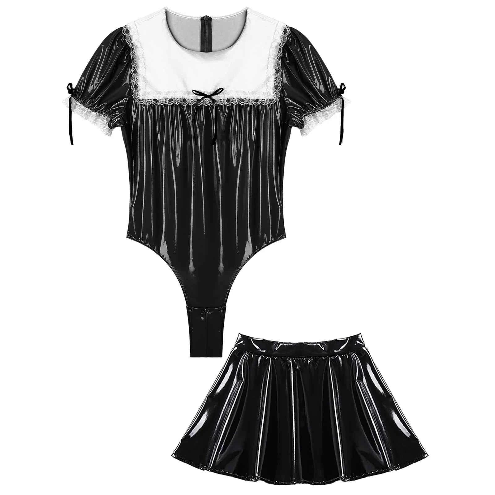 Men Maid Uniform Sissy Set Wetlook Patent Leather Bodysuit Leotard with Flared Skirt Crossdresser