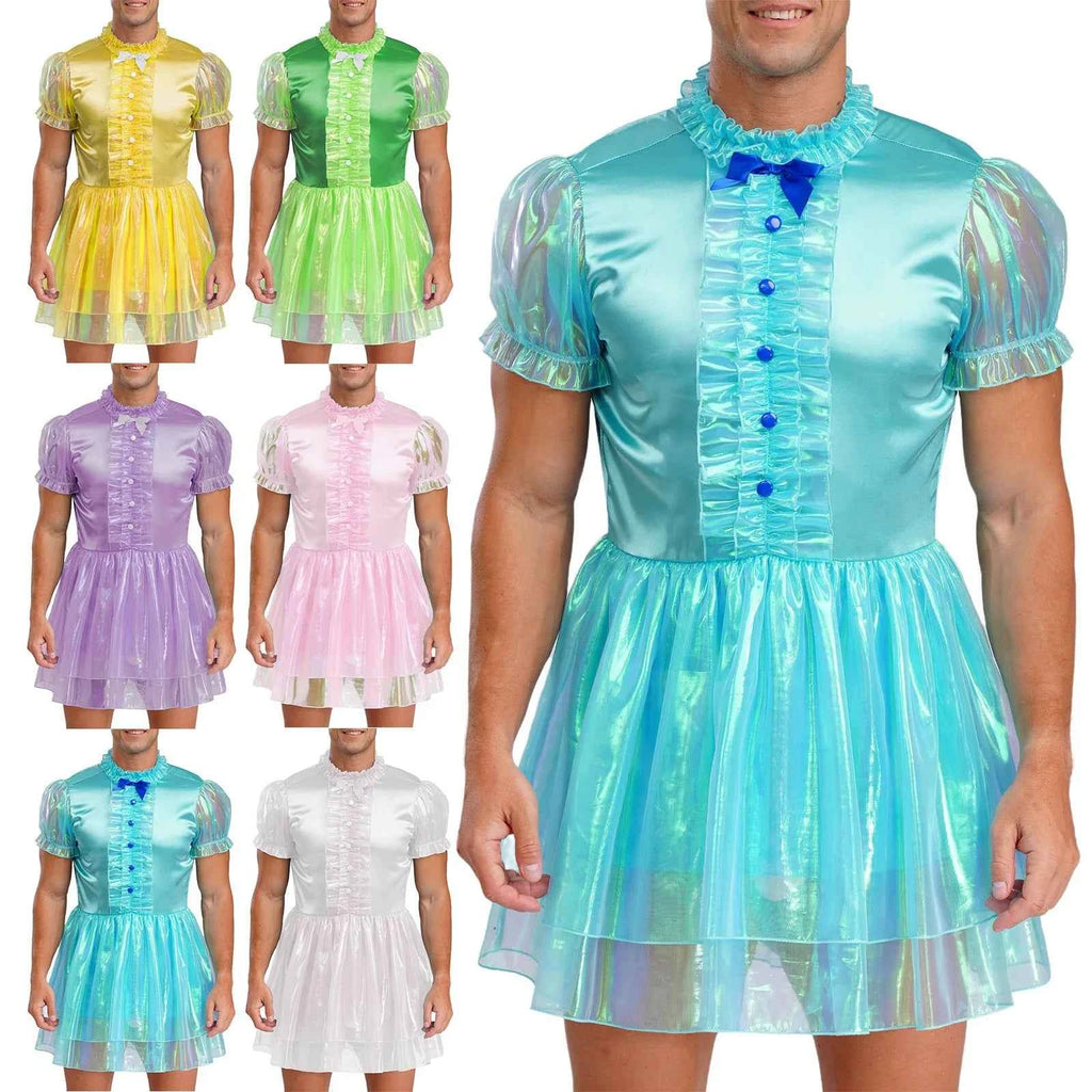 Mens Sissy Maid Ruffled Puff Sleeve Bow Sparkly Puffy Dress