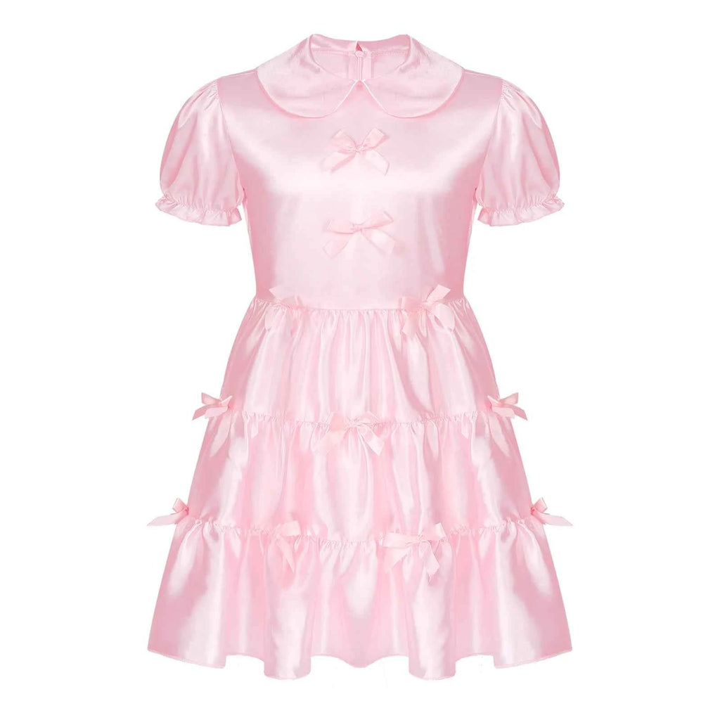 Mens Sissy Crossdress Dress Satin Puff Sleeve Bowknot Ruffle Dress