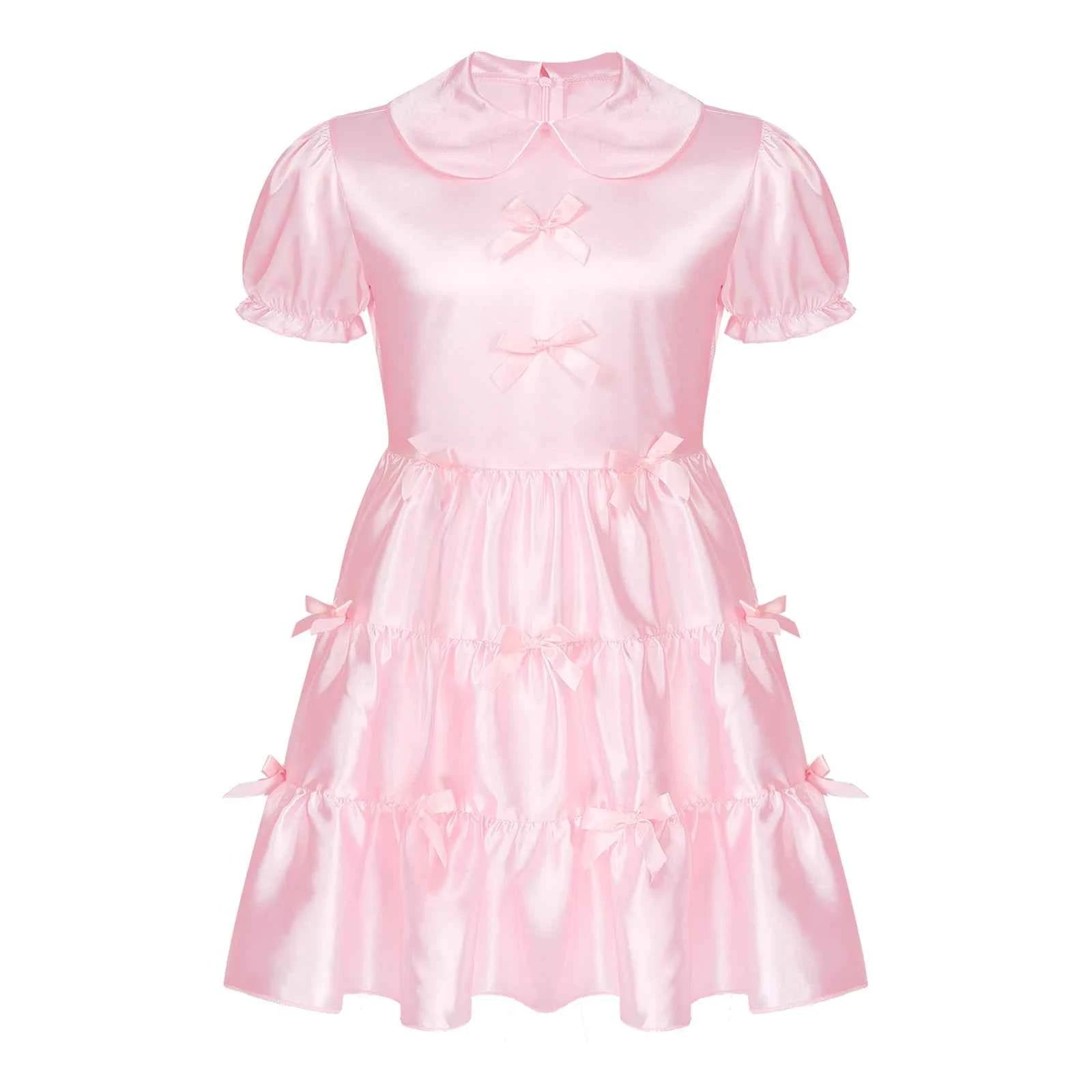 Mens Sissy Crossdress Dress Satin Puff Sleeve Bowknot Ruffle Dress
