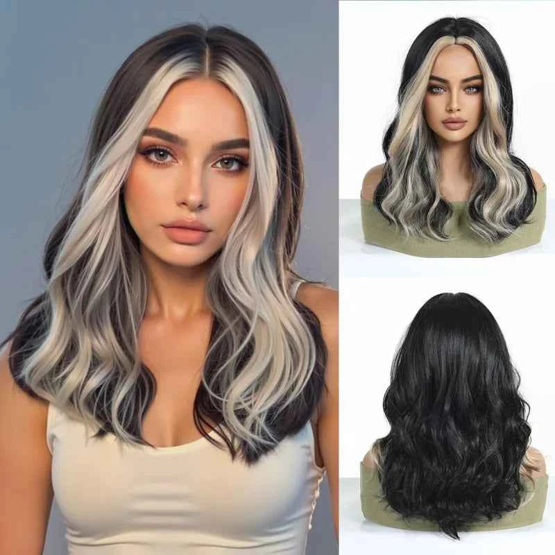Brown Synthetic Wavy Wig Bangs Medium Length Natural Looking Hair Heat Resistant