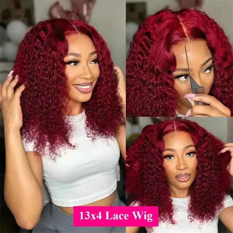 Short Bob Blunt Cut 99J Red Burgundy Color Water Wave 13X4 Lace Frontal Wigs Synthetic Wig Prepluck Bleach Knots Glueless Wig