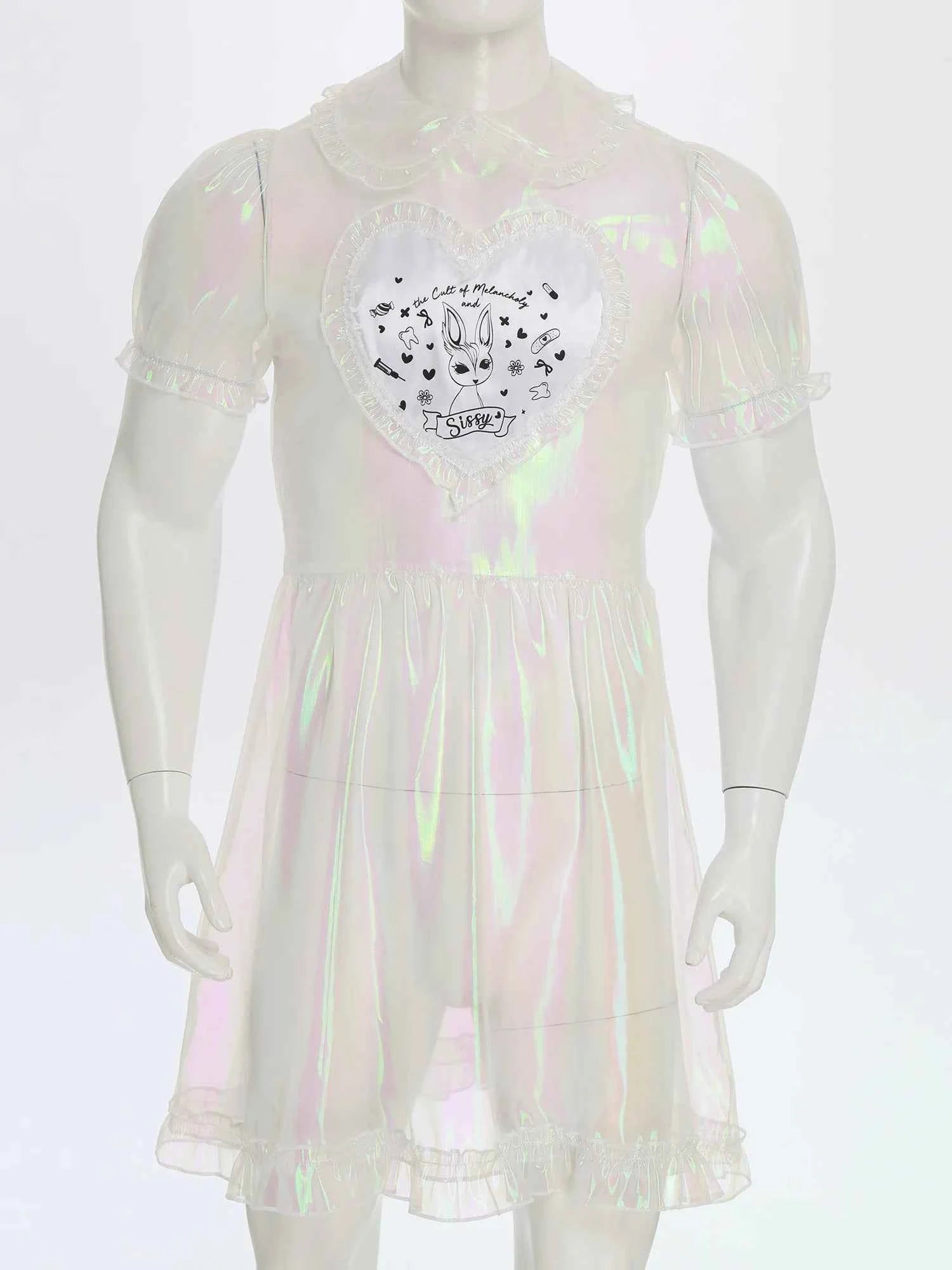 Mens Adult Organza Sissy Corssdresser  Collar Puff Sleeve Flare A-line