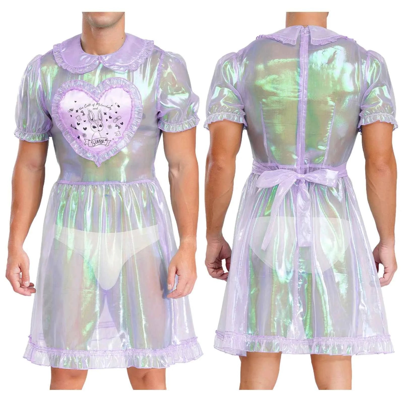 Mens Adult Organza Sissy Corssdresser  Collar Puff Sleeve Flare A-line