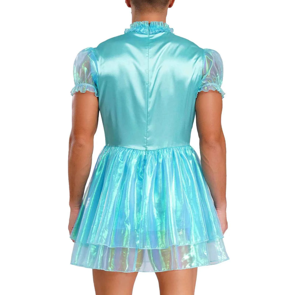 Mens Sissy Maid Ruffled Puff Sleeve Bow Sparkly Puffy Dress