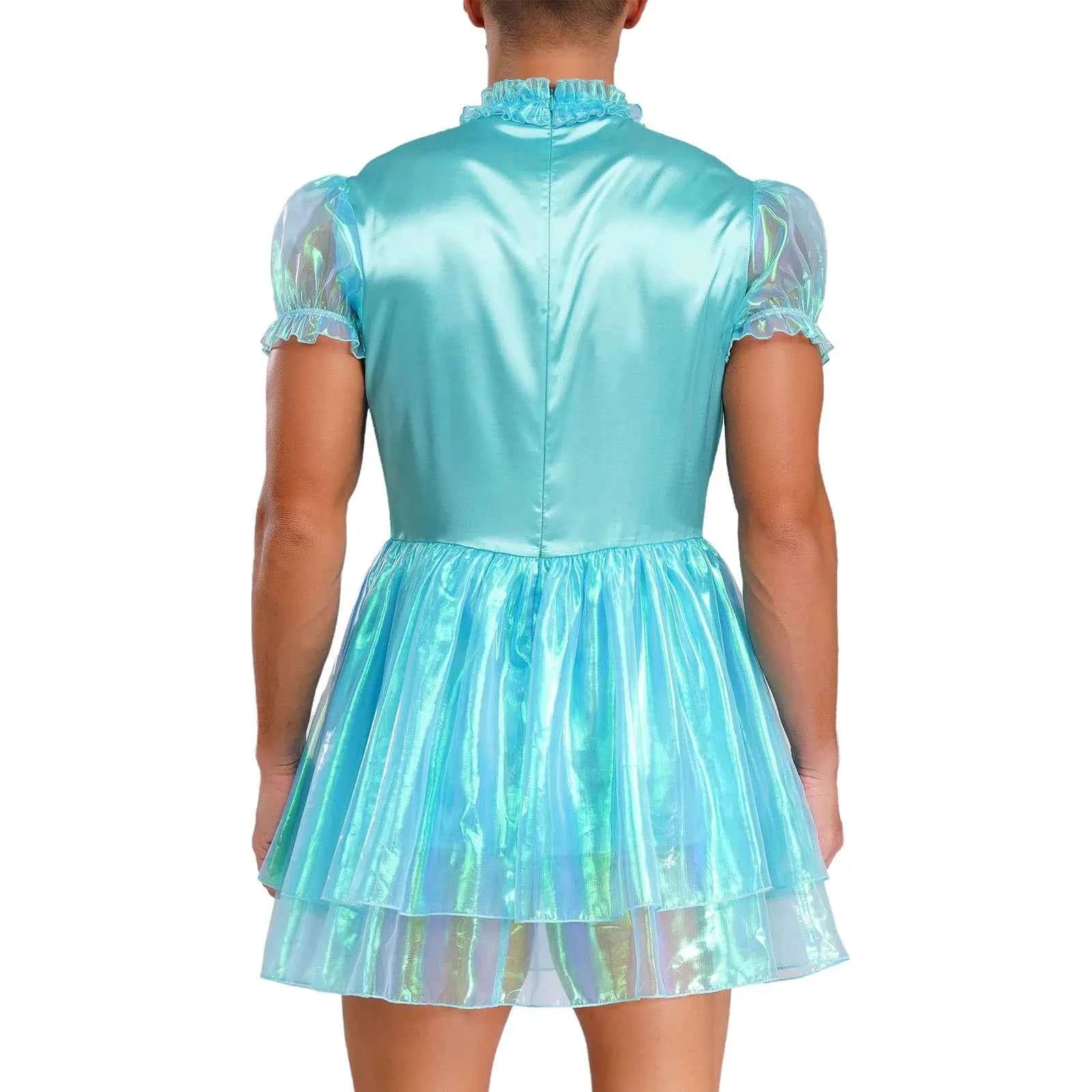 Mens Sissy Maid Ruffled Puff Sleeve Bow Sparkly Puffy Dress