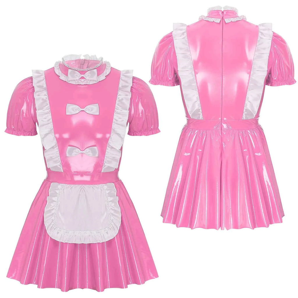 Mens Sexy Sissy Maid Wetlook Latex Ruffles Short Sleeve A Line Dress