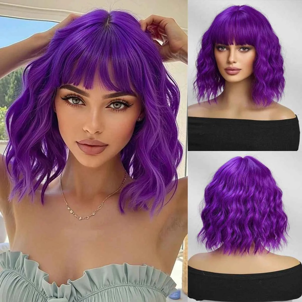Brown Synthetic Wavy Wig Bangs Medium Length Natural Looking Hair Heat Resistant