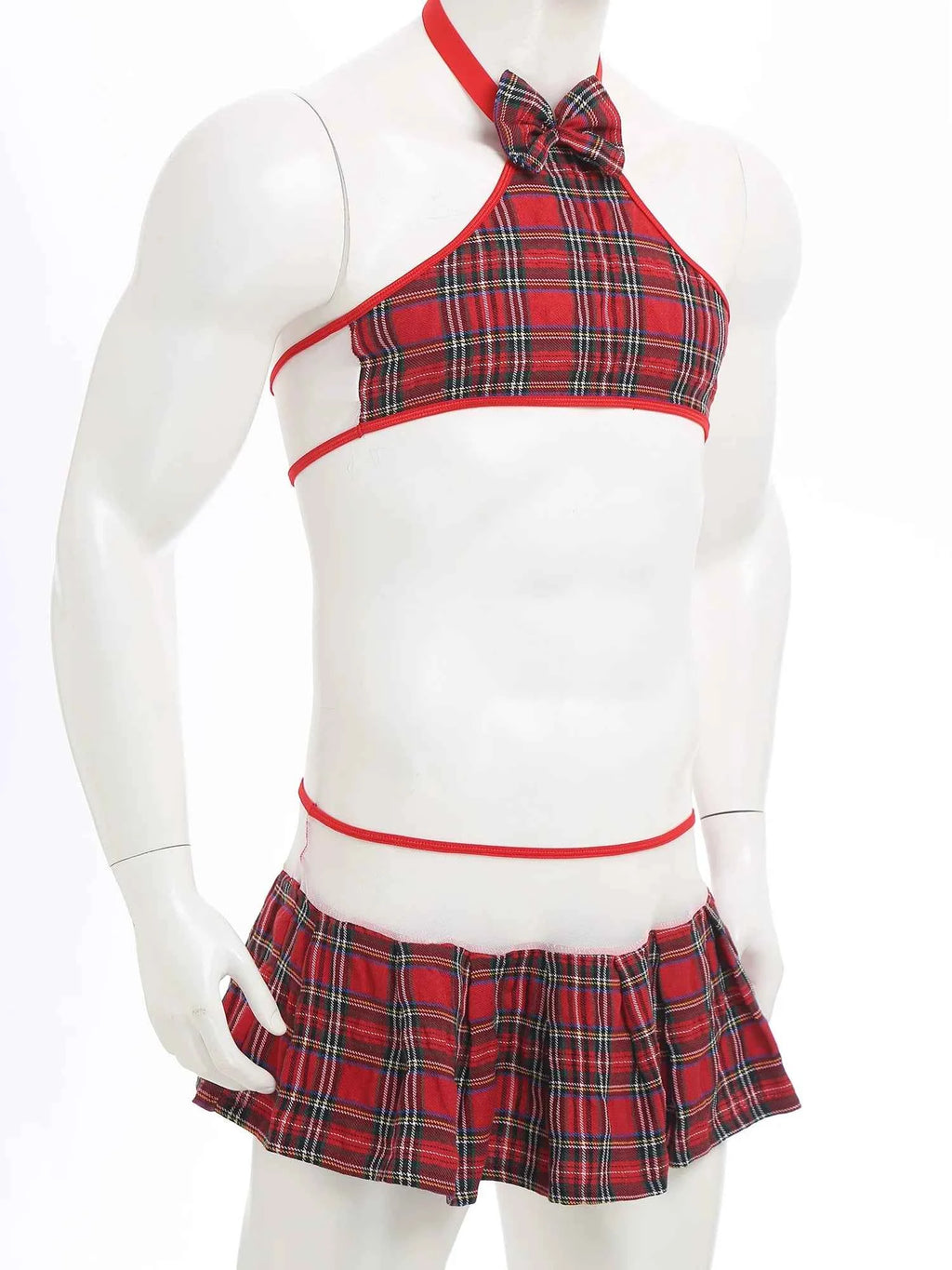Mens Sissy School girl Set Halter Bow  Crop Top And Pleated Mini Skirt
