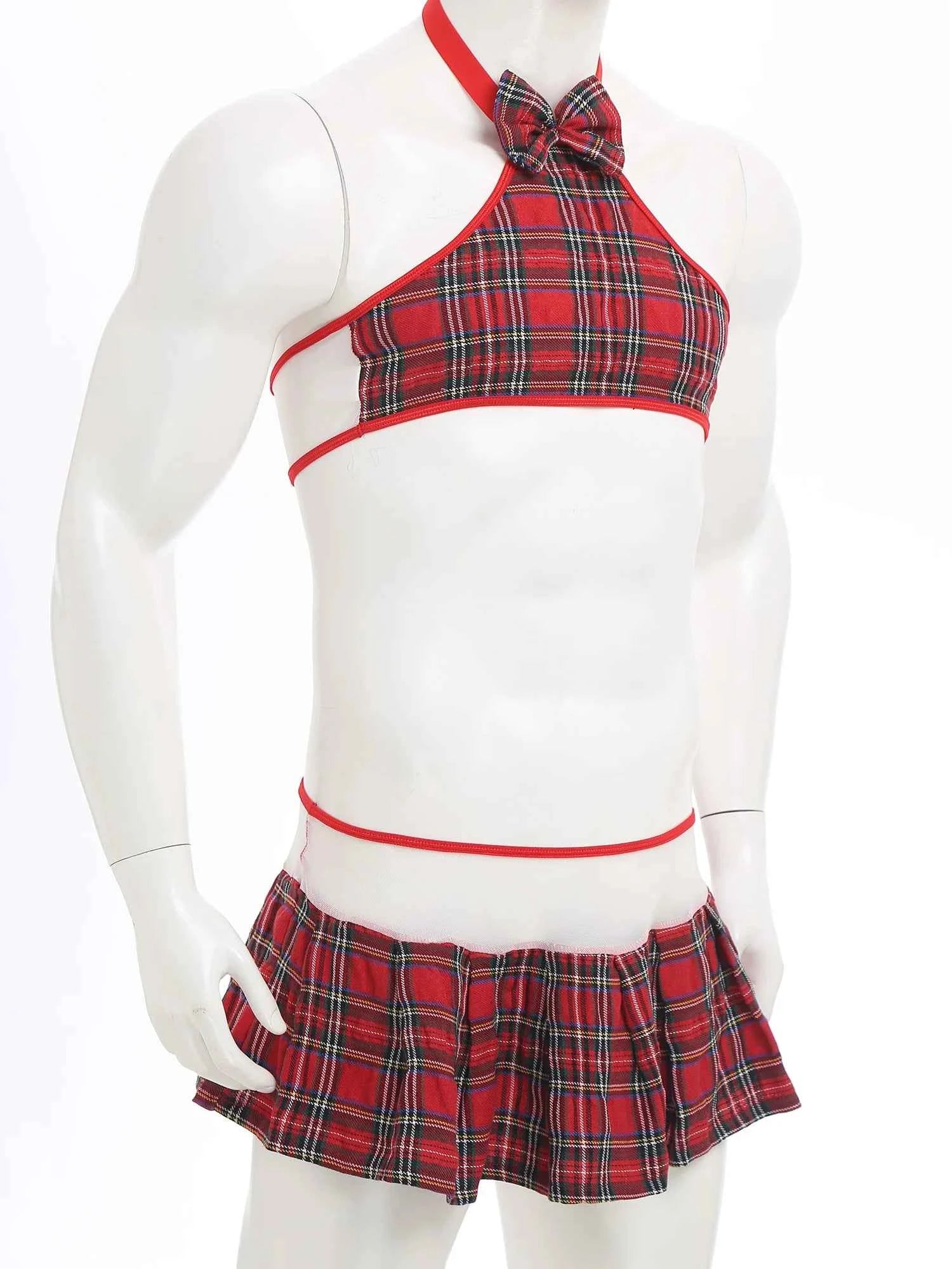 Mens Sissy School girl Set Halter Bow  Crop Top And Pleated Mini Skirt
