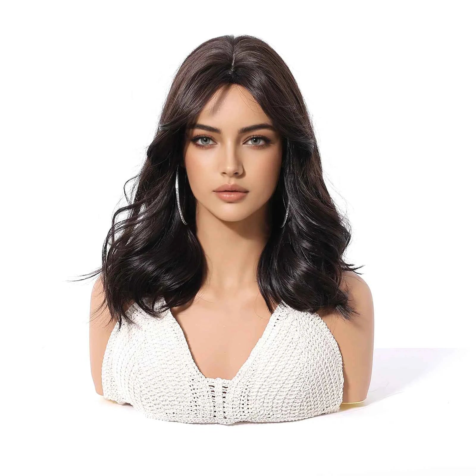 Brown Synthetic Wavy Wig Bangs Medium Length Natural Looking Hair Heat Resistant