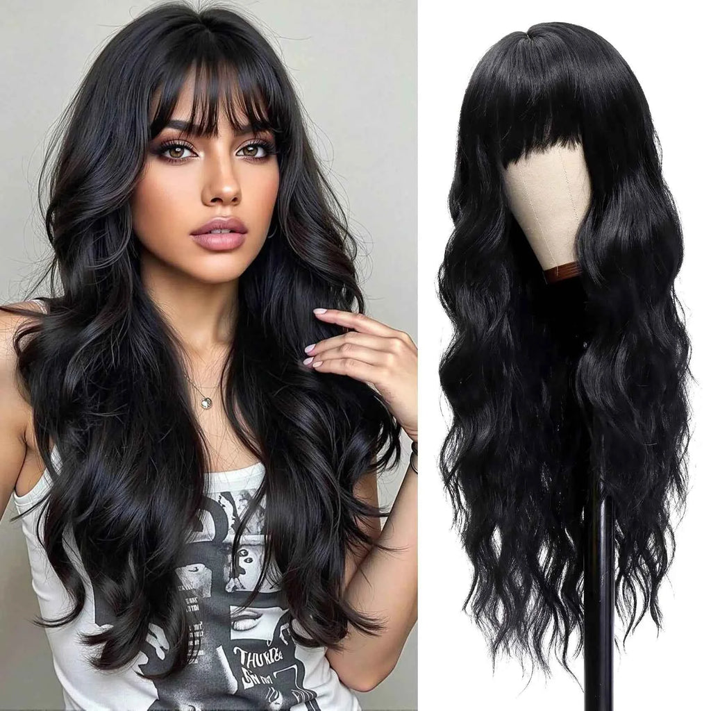 Fashion 26-inch long wavy synthetic wig for daily hair, high-temperature hair fiber wig set