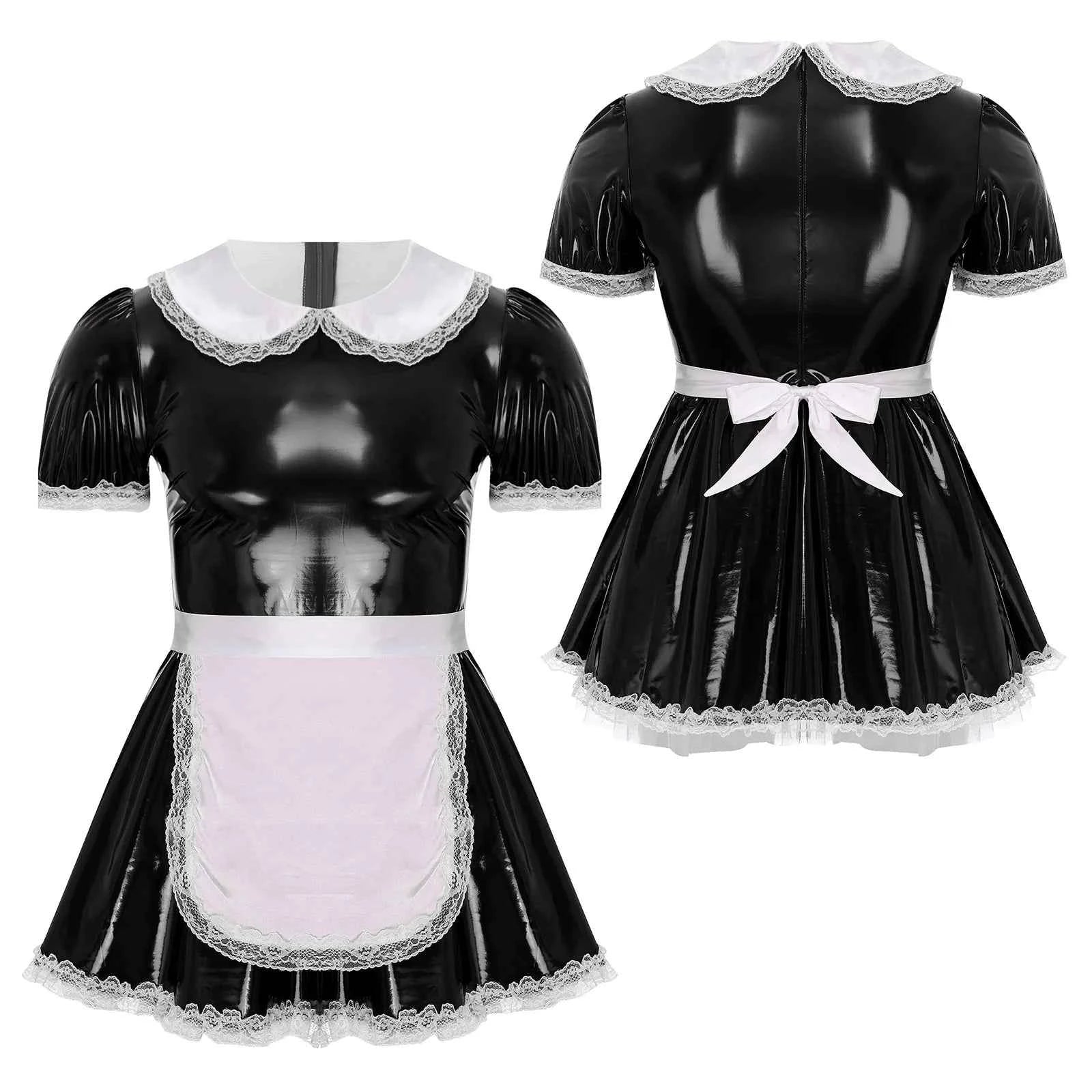 Mens Sissy Servants Maid Dress with Apron Patent Leather A-Line Dress