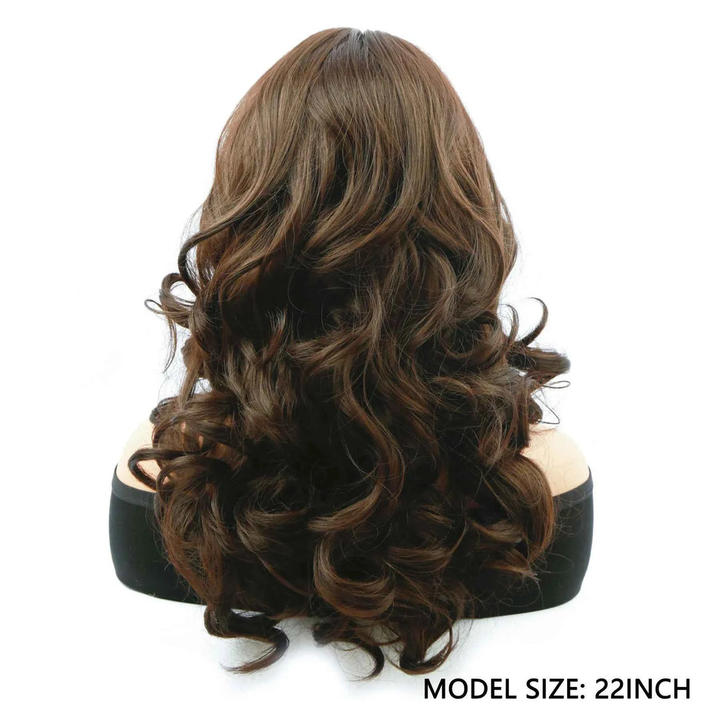 Dark brown women's medium curly wig, made of 22 inch synthetic fiber, for role-playing,parties, and holidays
