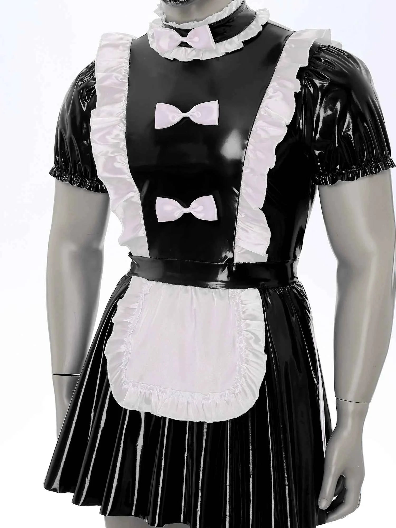 Mens Sexy Sissy Maid Wetlook Latex Ruffles Short Sleeve A Line Dress