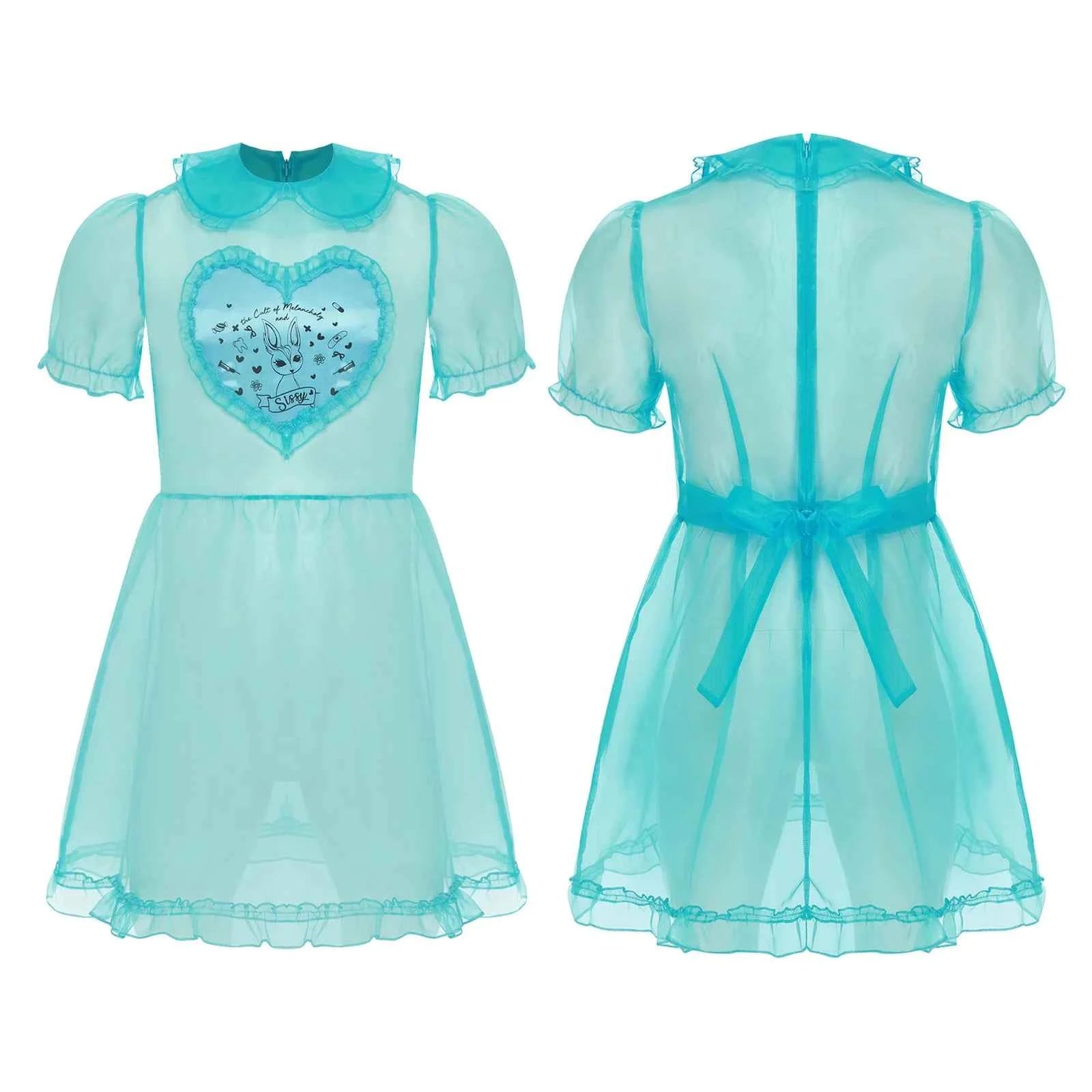 Mens Adult Organza Sissy Corssdresser  Collar Puff Sleeve Flare A-line