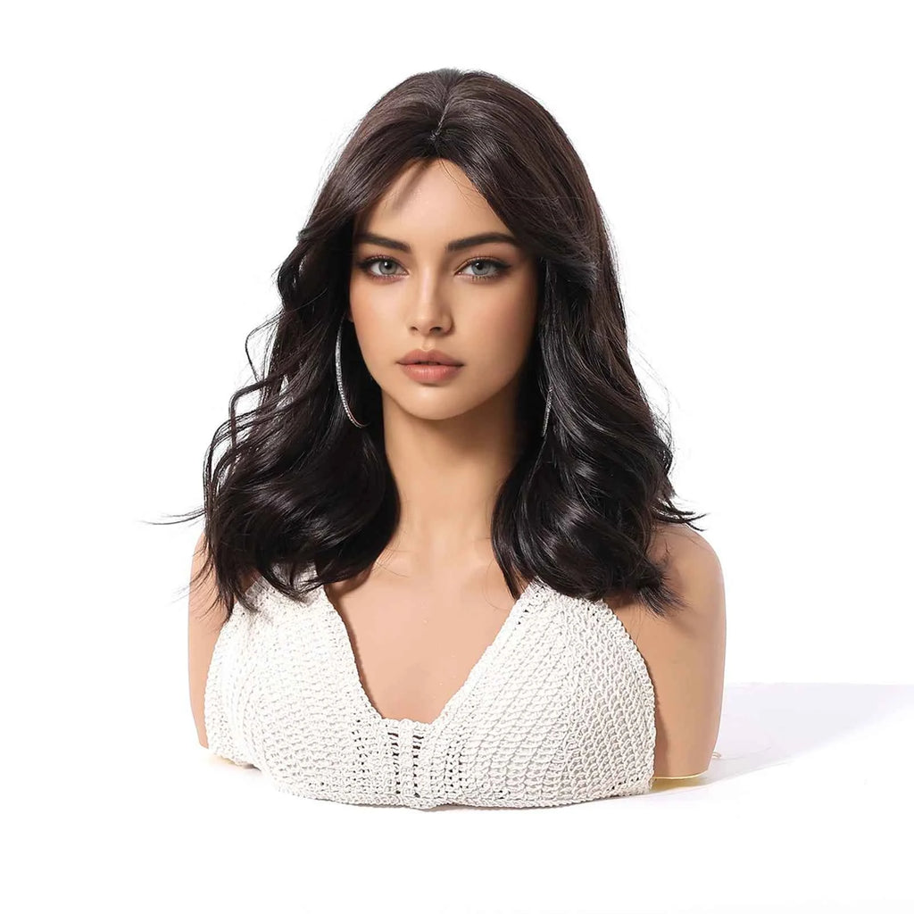 Brown Synthetic Wavy Wig Bangs Medium Length Natural Looking Hair Heat Resistant