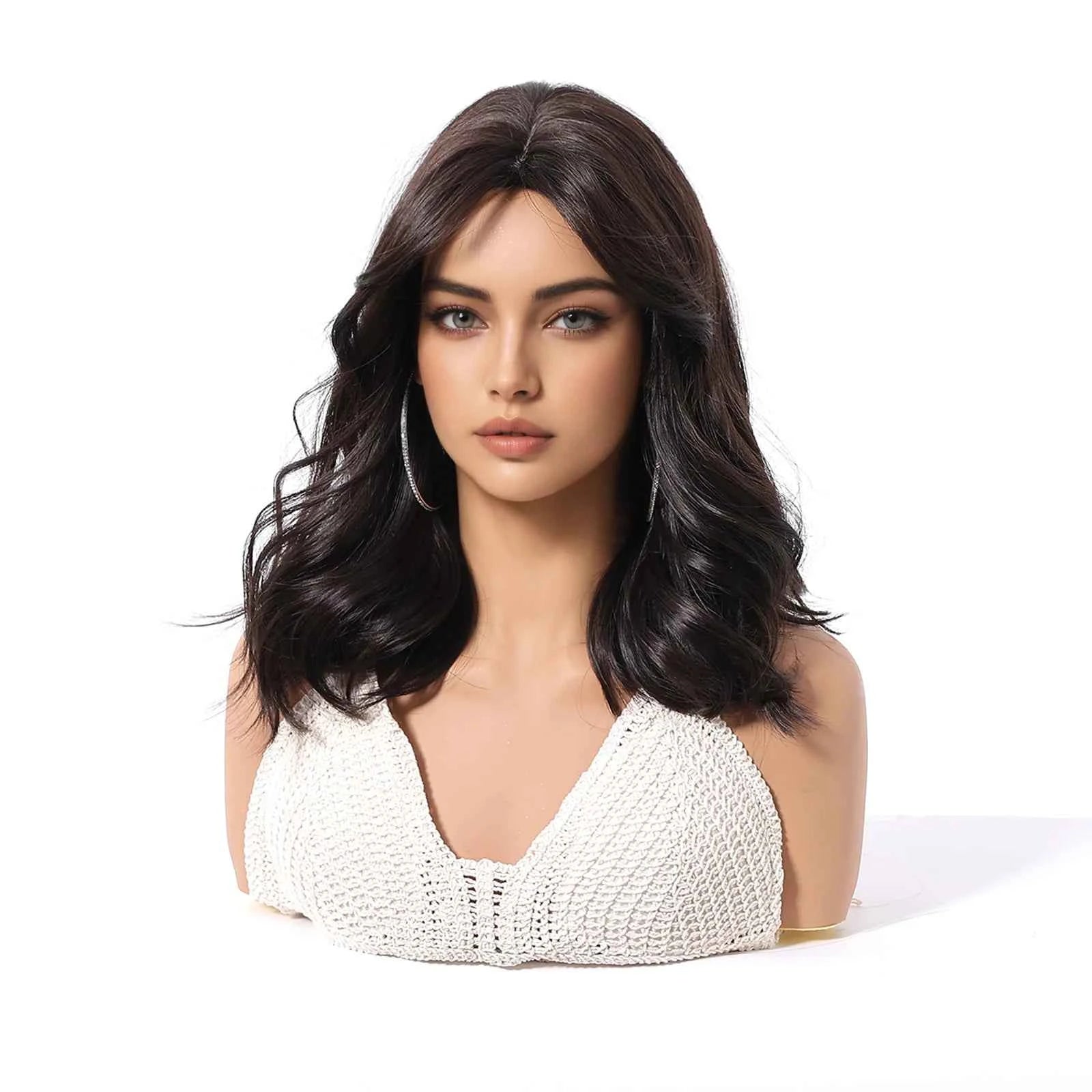 Brown Synthetic Wavy Wig Bangs Medium Length Natural Looking Hair Heat Resistant