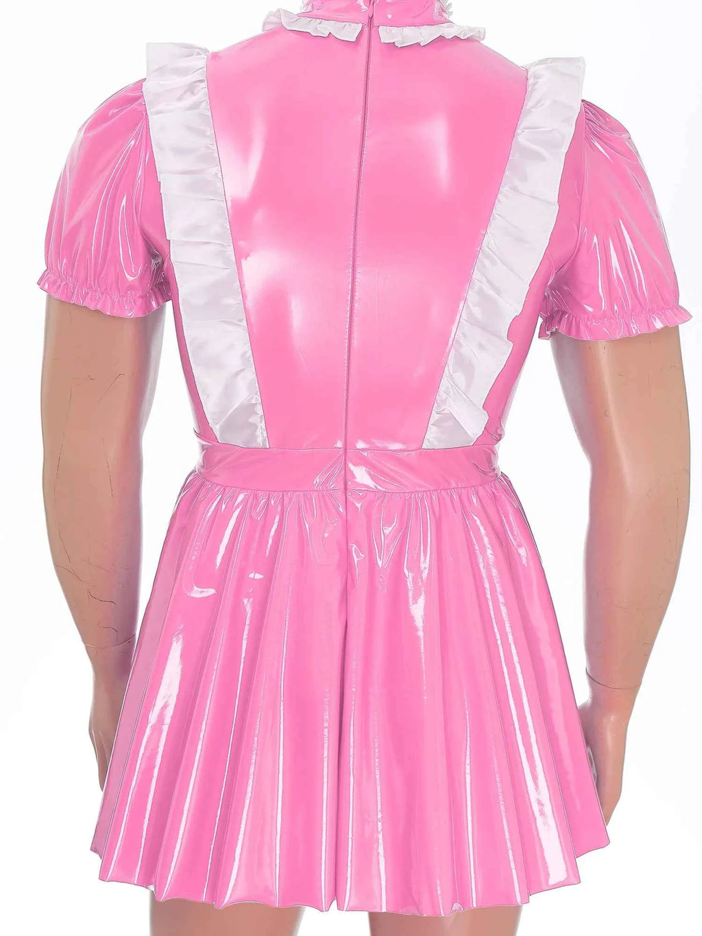 Mens Sexy Sissy Maid Wetlook Latex Ruffles Short Sleeve A Line Dress