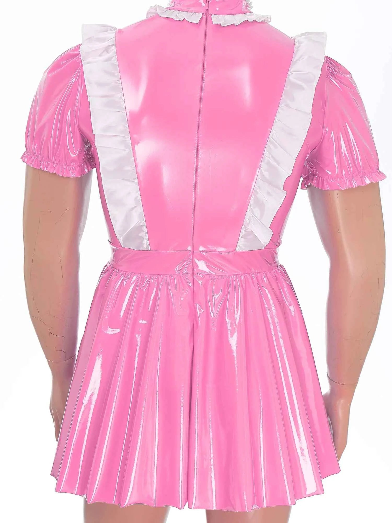 Mens Sexy Sissy Maid Wetlook Latex Ruffles Short Sleeve A Line Dress