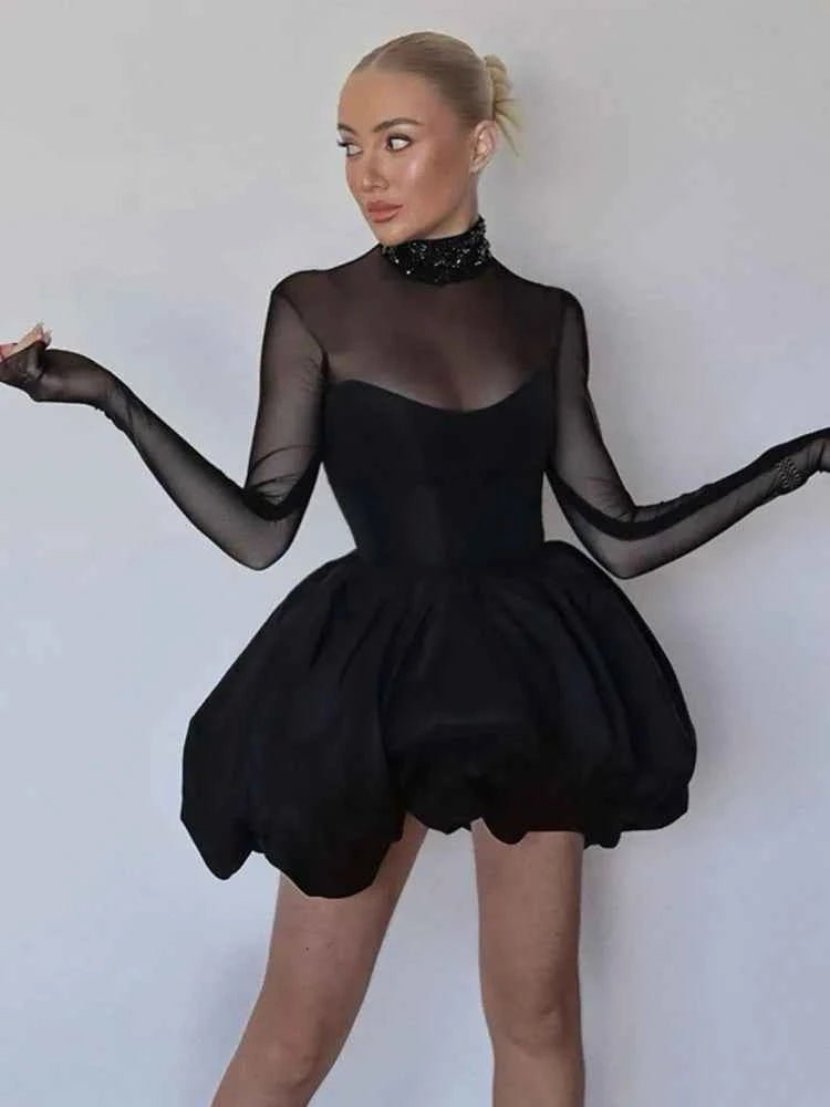 Mozision Turtleneck Sheer Long Sleeve Sexy Mini Dress For Black See Through High Waist A-line Dress