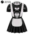 Mens Sexy Sissy Maid Wetlook Latex Ruffles Short Sleeve A Line Dress