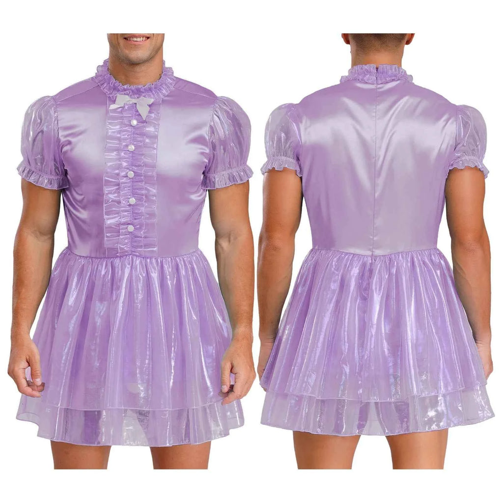 Mens Sissy Maid Ruffled Puff Sleeve Bow Sparkly Puffy Dress