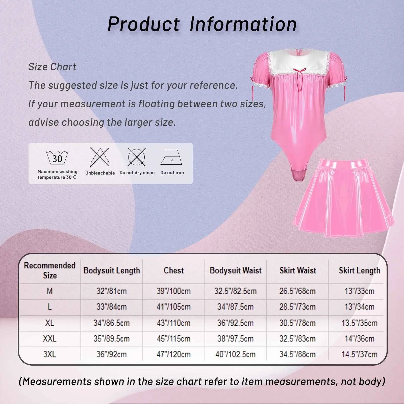 Men Maid Uniform Sissy Set Wetlook Patent Leather Bodysuit Leotard with Flared Skirt Crossdresser