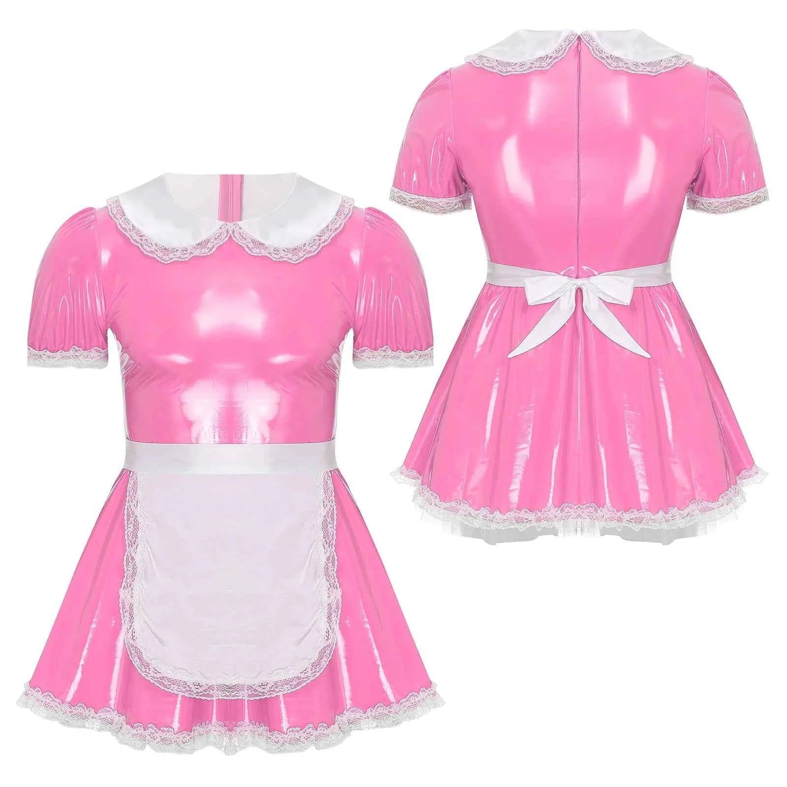 Mens Sissy Servants Maid Dress with Apron Patent Leather A-Line Dress