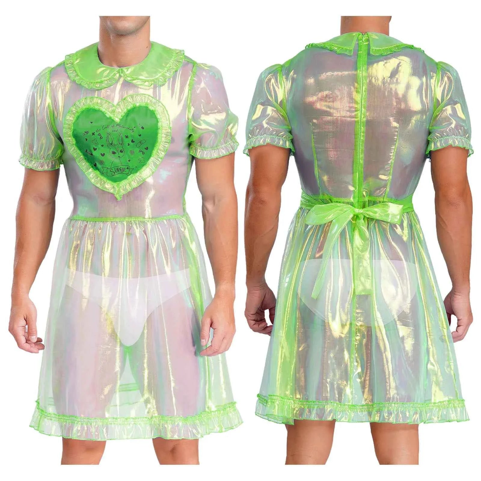 Mens Adult Organza Sissy Corssdresser  Collar Puff Sleeve Flare A-line