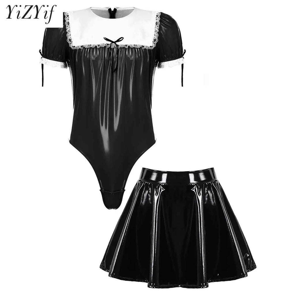 Men Maid Uniform Sissy Set Wetlook Patent Leather Bodysuit Leotard with Flared Skirt Crossdresser
