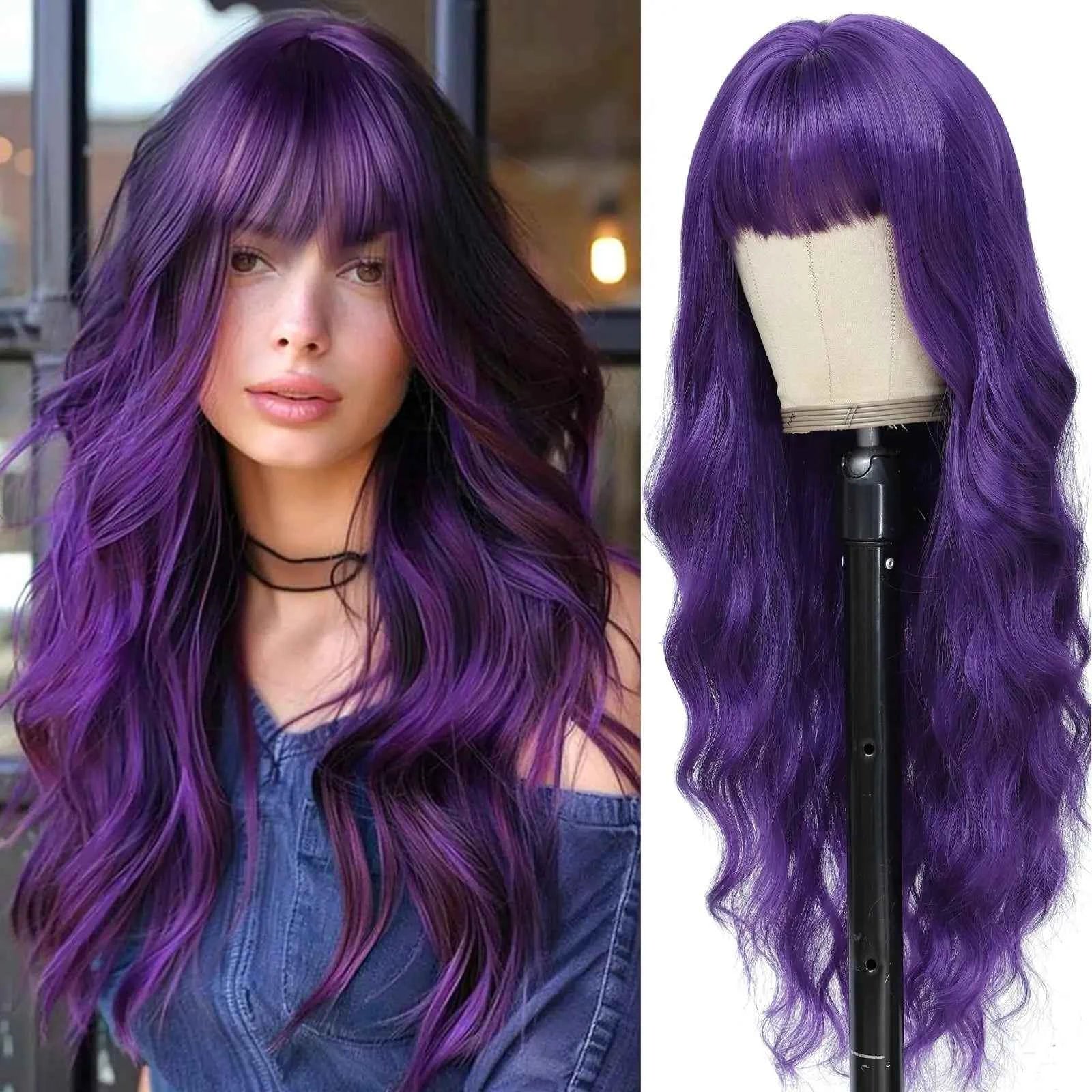 Fashion 26-inch long wavy synthetic wig for daily hair, high-temperature hair fiber wig set
