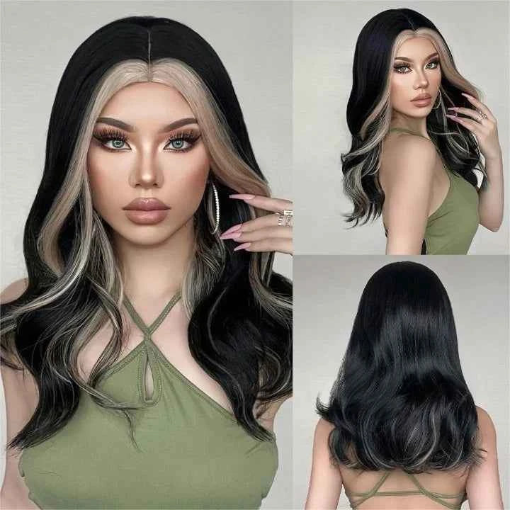 Brown Synthetic Wavy Wig Bangs Medium Length Natural Looking Hair Heat Resistant