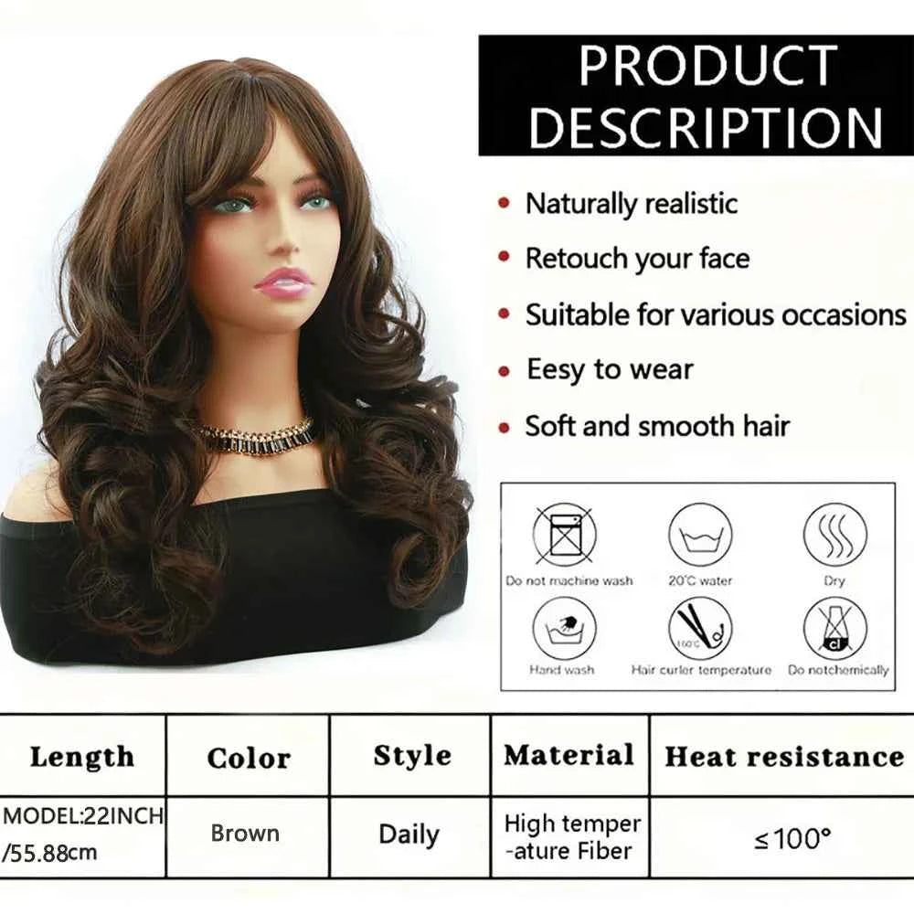 Dark brown women's medium curly wig, made of 22 inch synthetic fiber, for role-playing,parties, and holidays