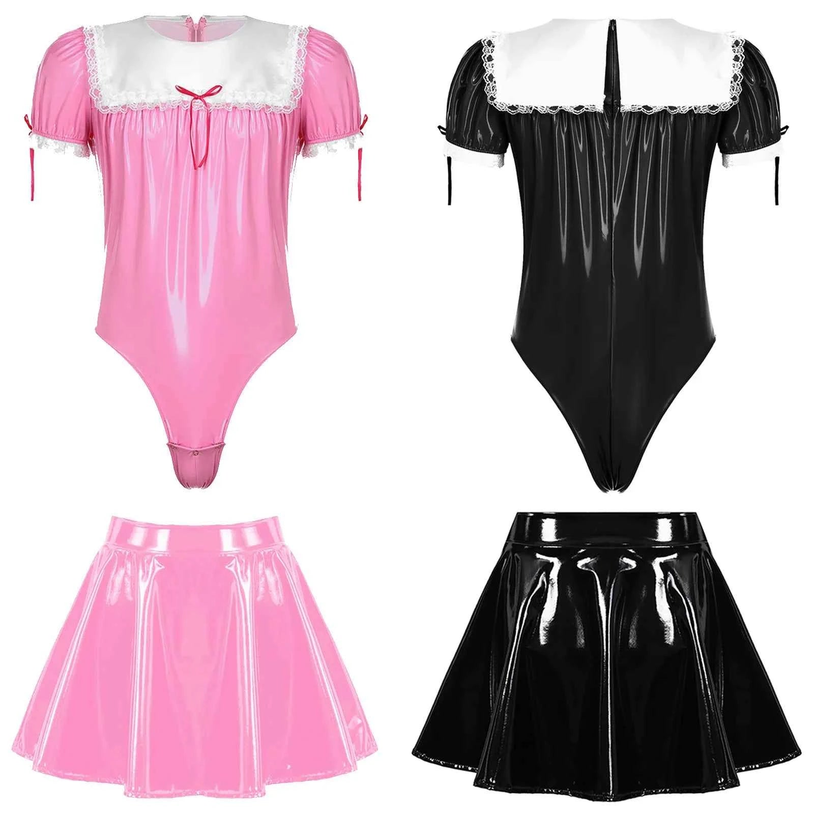 Men Maid Uniform Sissy Set Wetlook Patent Leather Bodysuit Leotard with Flared Skirt Crossdresser