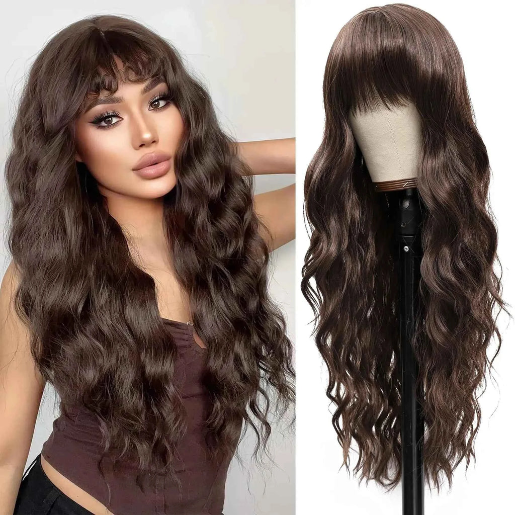Fashion 26-inch long wavy synthetic wig for daily hair, high-temperature hair fiber wig set