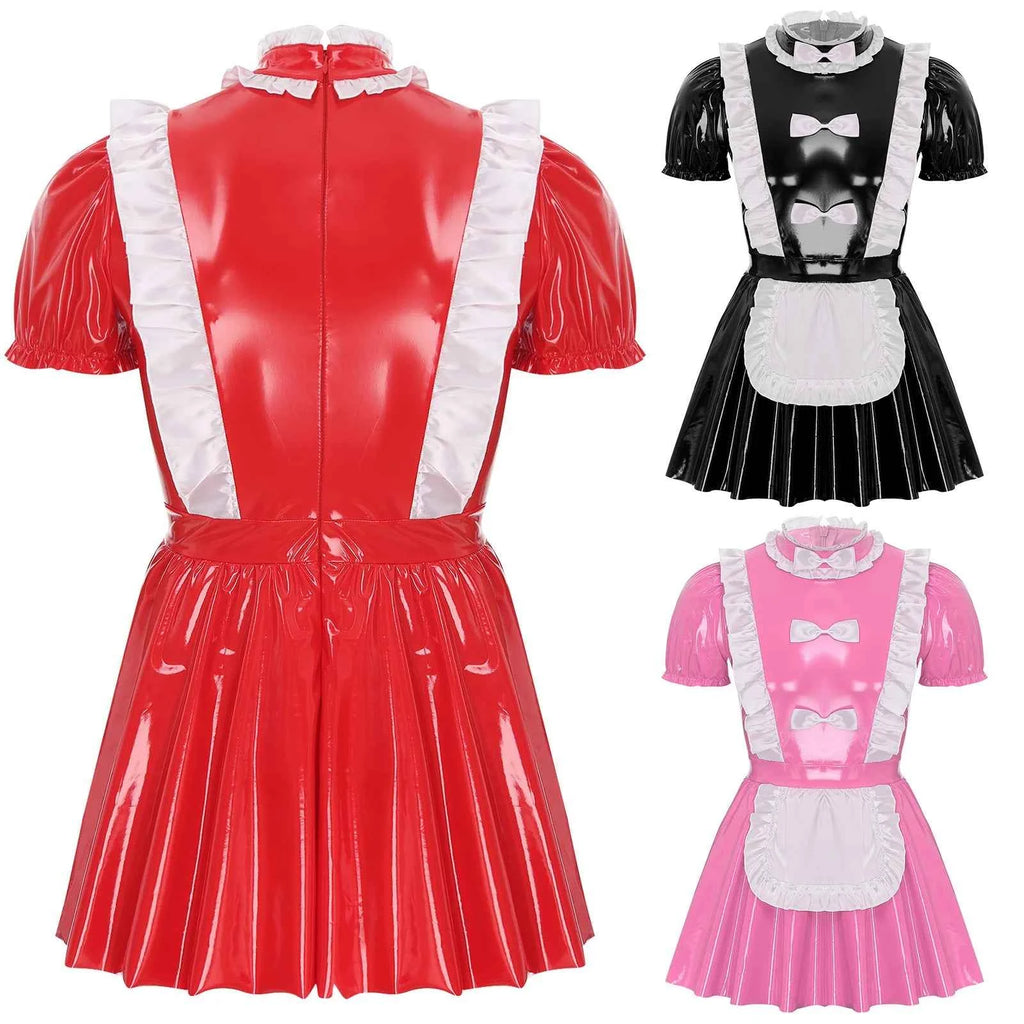 Mens Sexy Sissy Maid Wetlook Latex Ruffles Short Sleeve A Line Dress