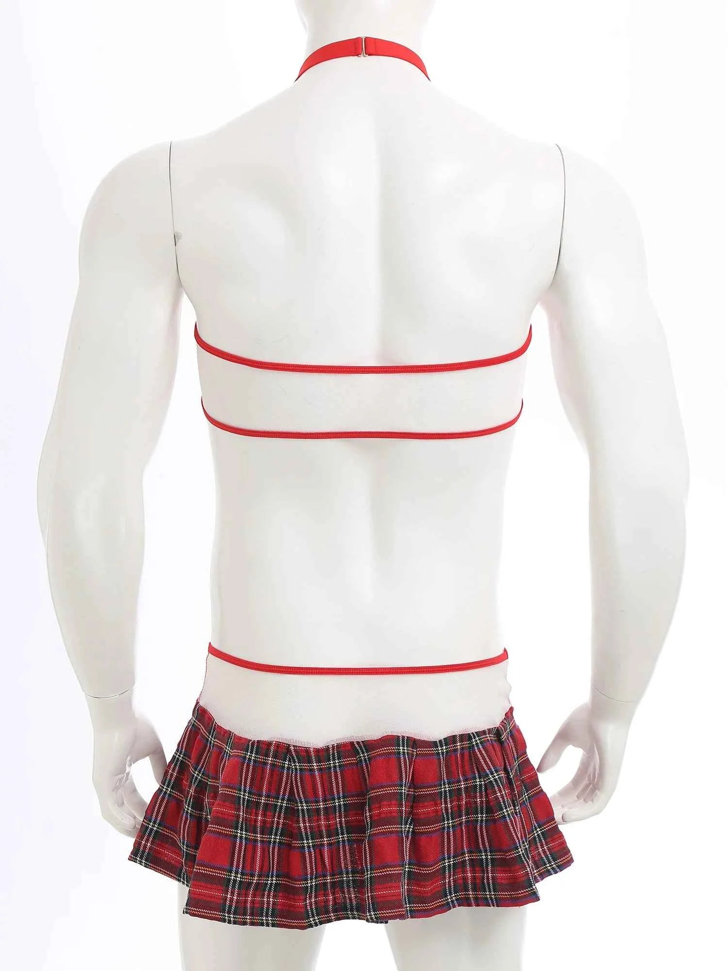 Mens Sissy School girl Set Halter Bow  Crop Top And Pleated Mini Skirt