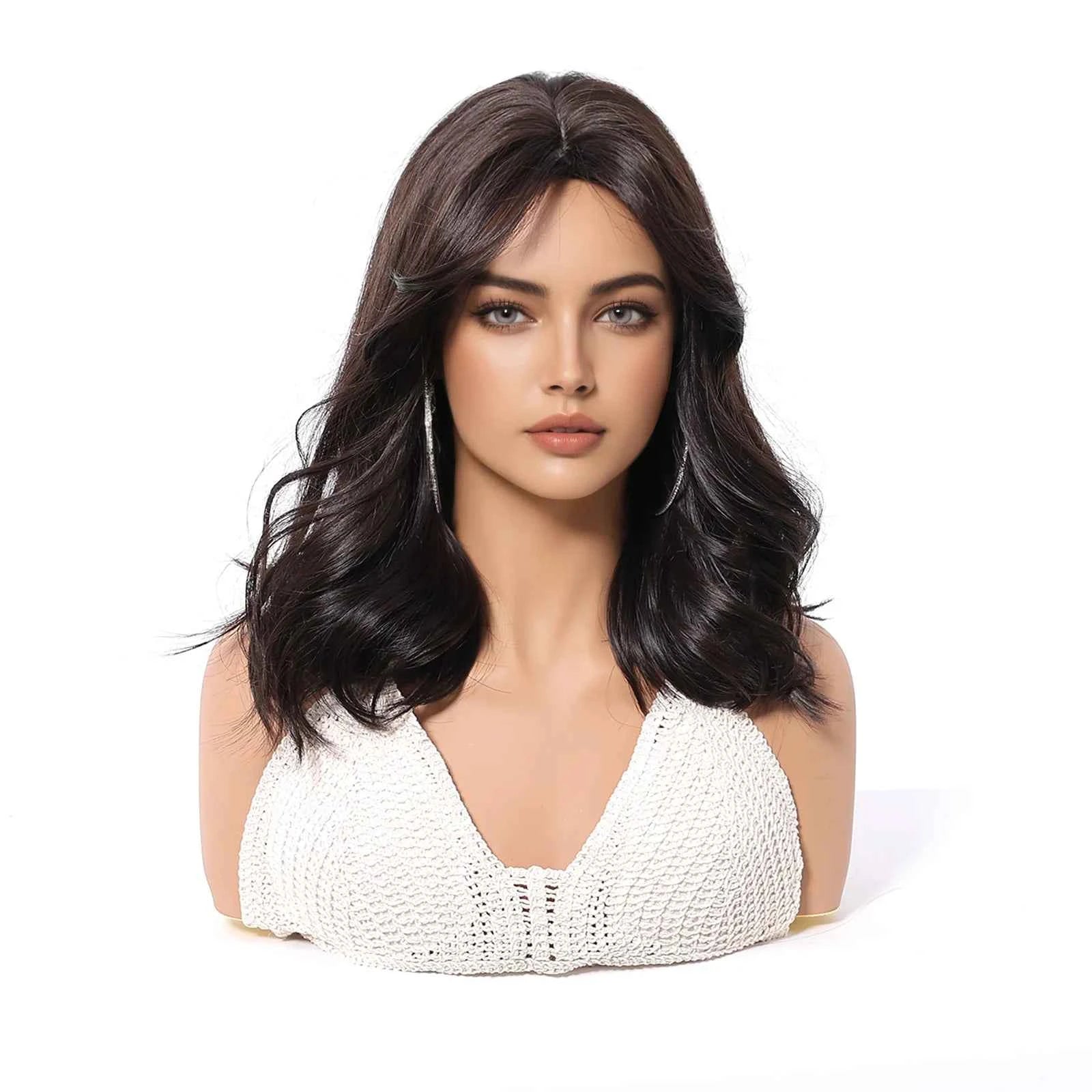 Brown Synthetic Wavy Wig Bangs Medium Length Natural Looking Hair Heat Resistant
