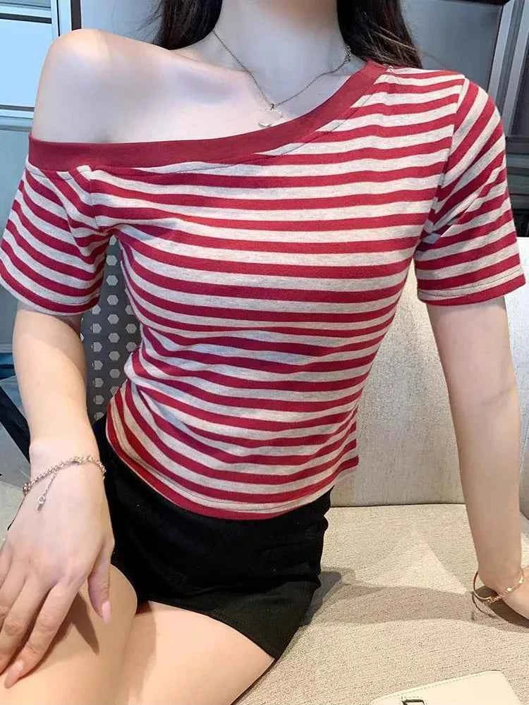 Shoulder Off Sexy Y2K kpop women's t-shirts Strip kawaii pink harajuku Crop Tops vintage  summer  summer Tee Tshirt Woman