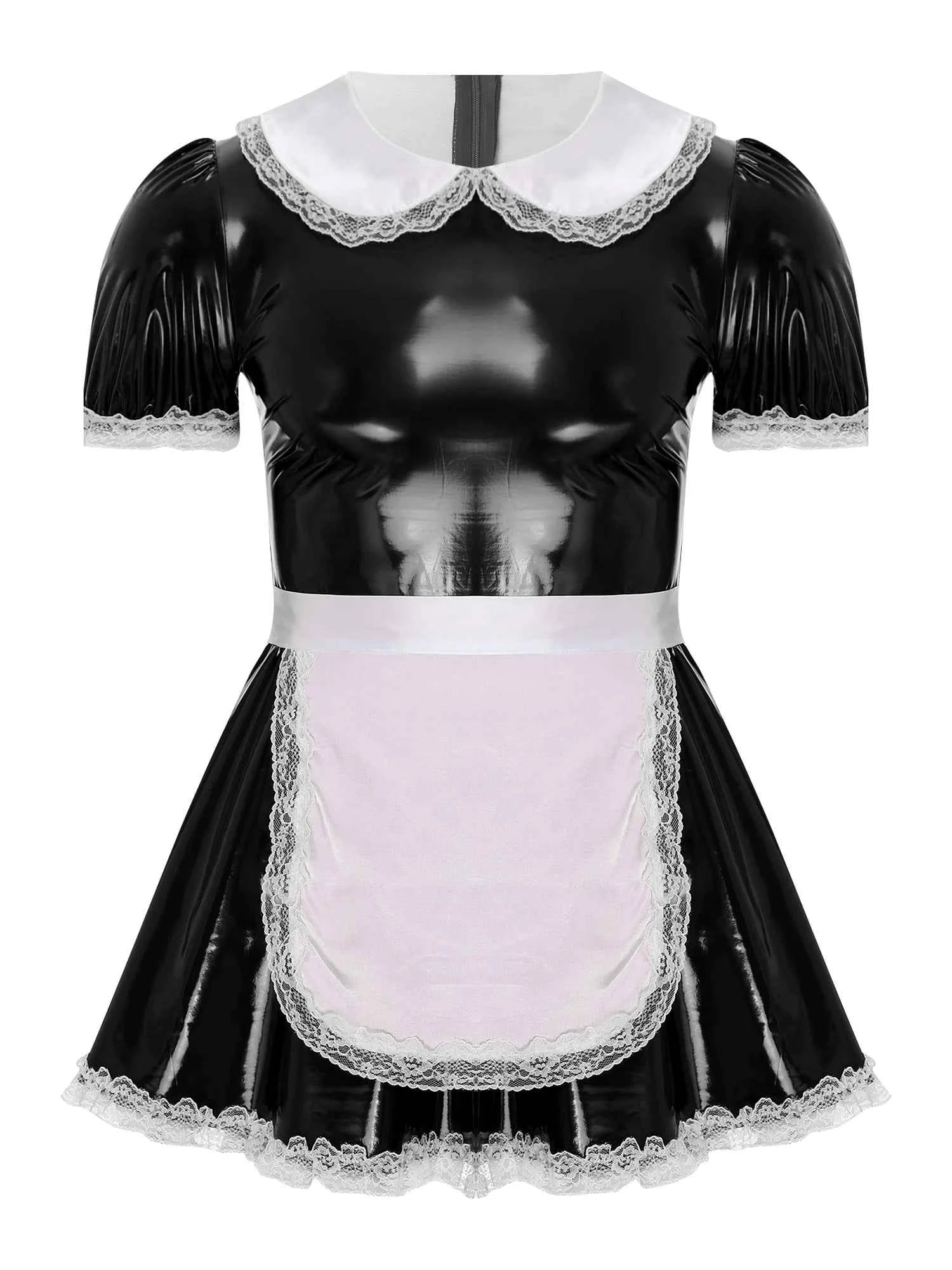 Mens Sissy Servants Maid Dress with Apron Patent Leather A-Line Dress