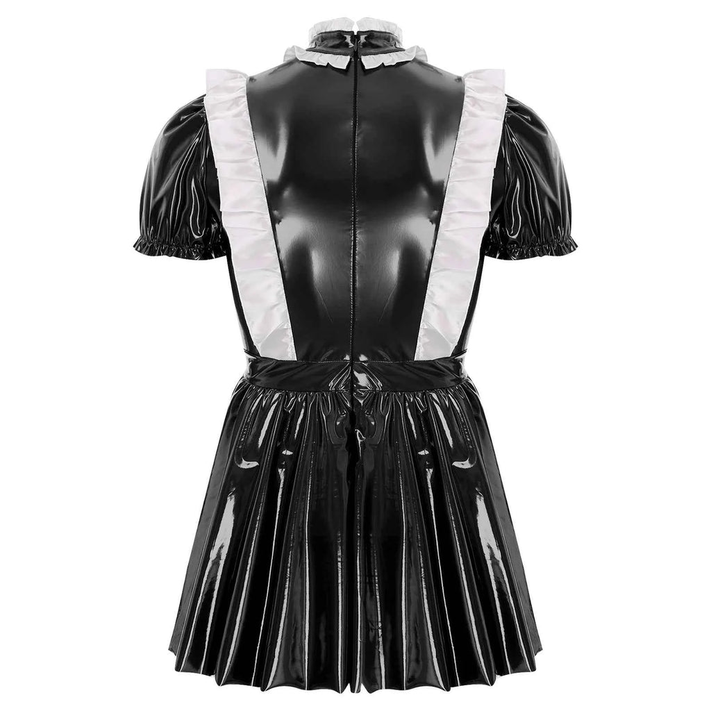 Mens Sexy Sissy Maid Wetlook Latex Ruffles Short Sleeve A Line Dress