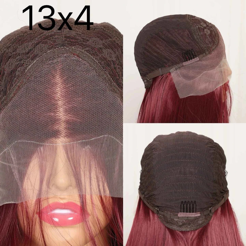Short Bob Blunt Cut 99J Red Burgundy Color Water Wave 13X4 Lace Frontal Wigs Synthetic Wig Prepluck Bleach Knots Glueless Wig