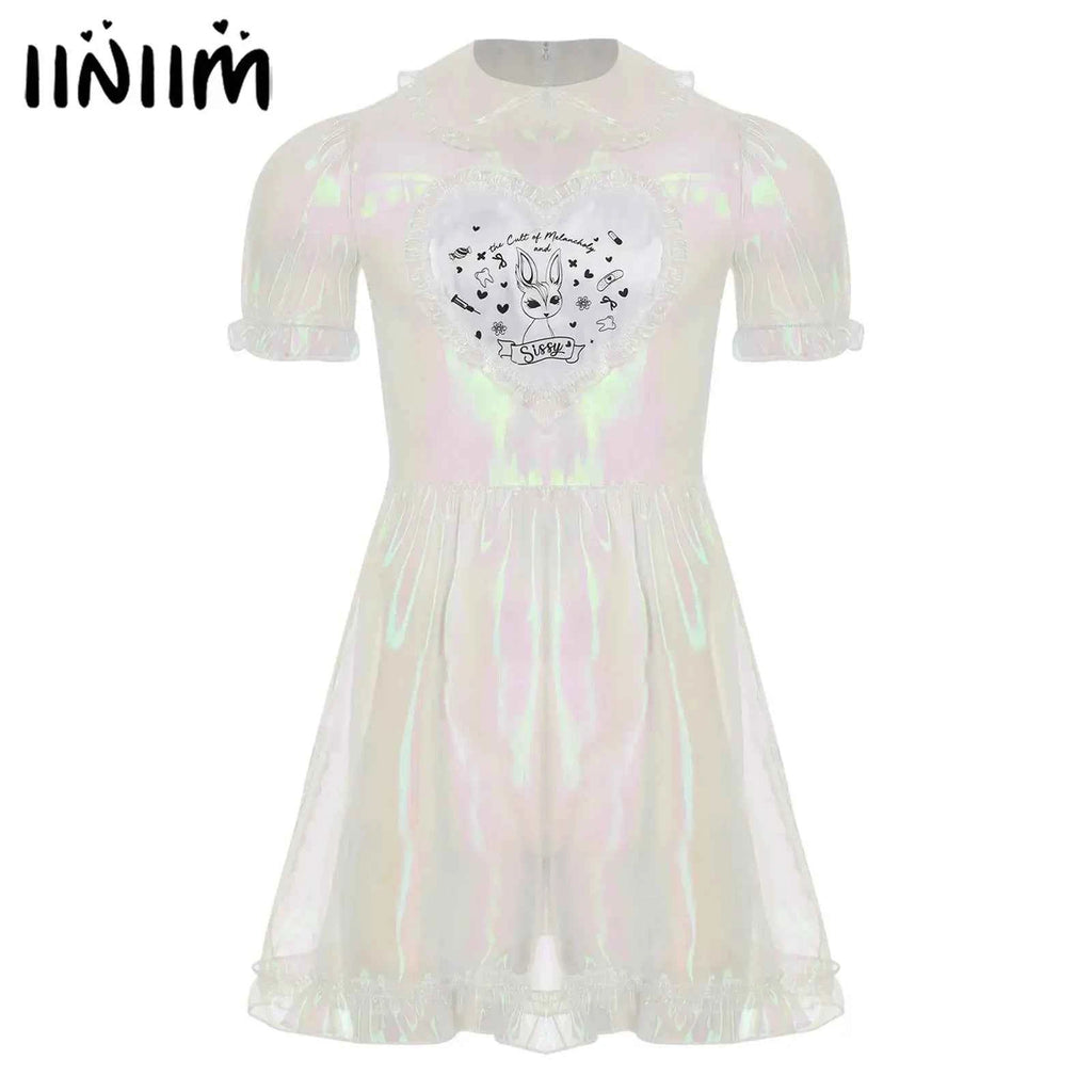 Mens Adult Organza Sissy Corssdresser  Collar Puff Sleeve Flare A-line