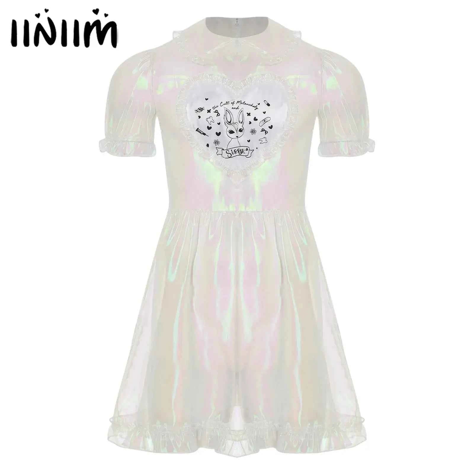 Mens Adult Organza Sissy Corssdresser  Collar Puff Sleeve Flare A-line